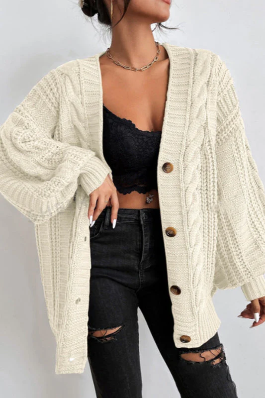 V-Neck Vintage Cable Knit Balloon Sleeve Cardigan - Image 7