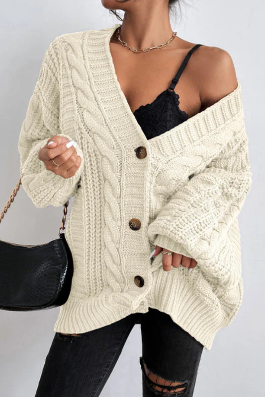 V-Neck Vintage Cable Knit Balloon Sleeve Cardigan - Image 8