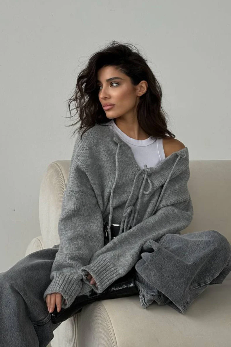Solid Color Bow Tie Long Sleeve Knit Cardigan - Image 2