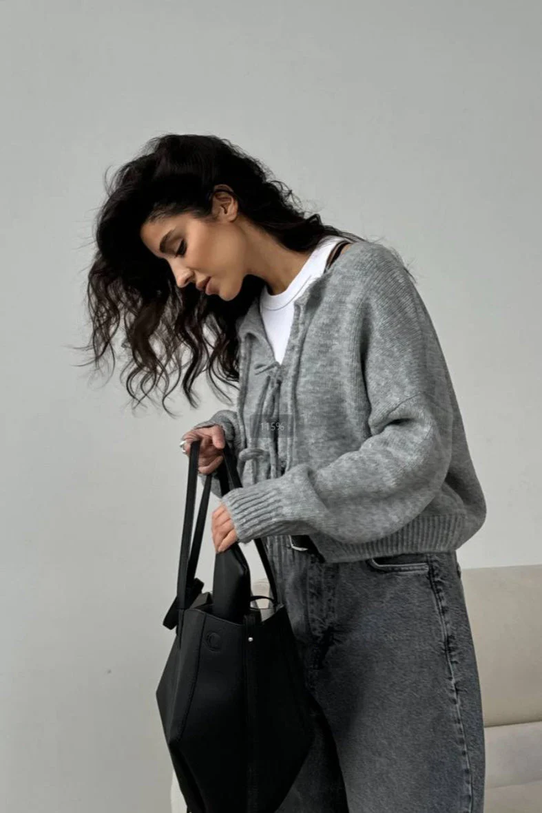 Solid Color Bow Tie Long Sleeve Knit Cardigan - Image 3
