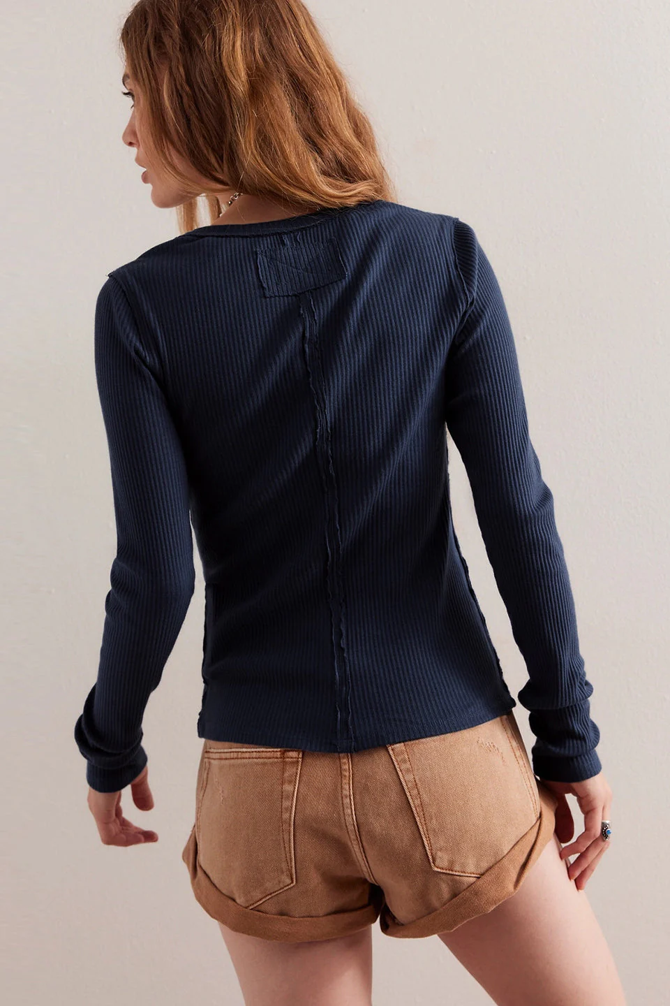 Solid Color Ribbed Buttoned Round Neck Cardigan - Image 3