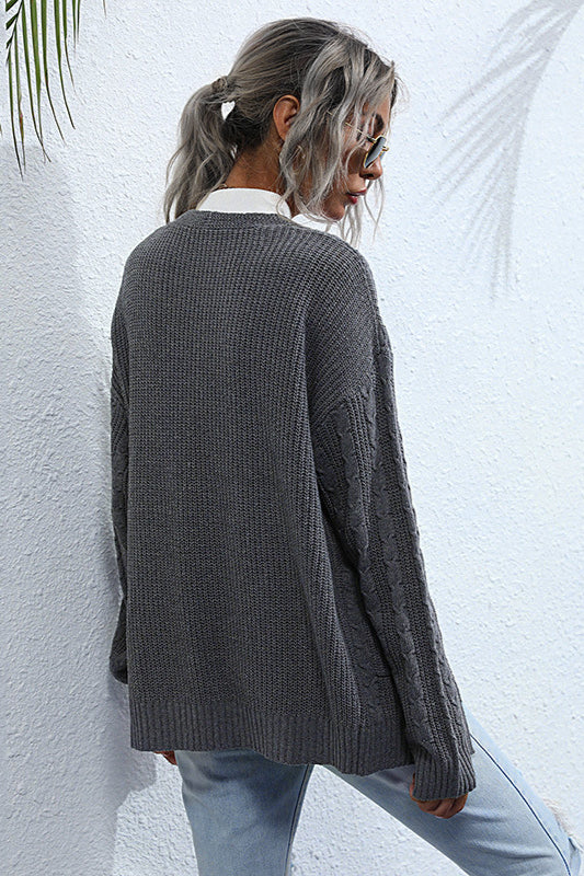 Solid Color Cable Knit Long Cardigan - Image 3