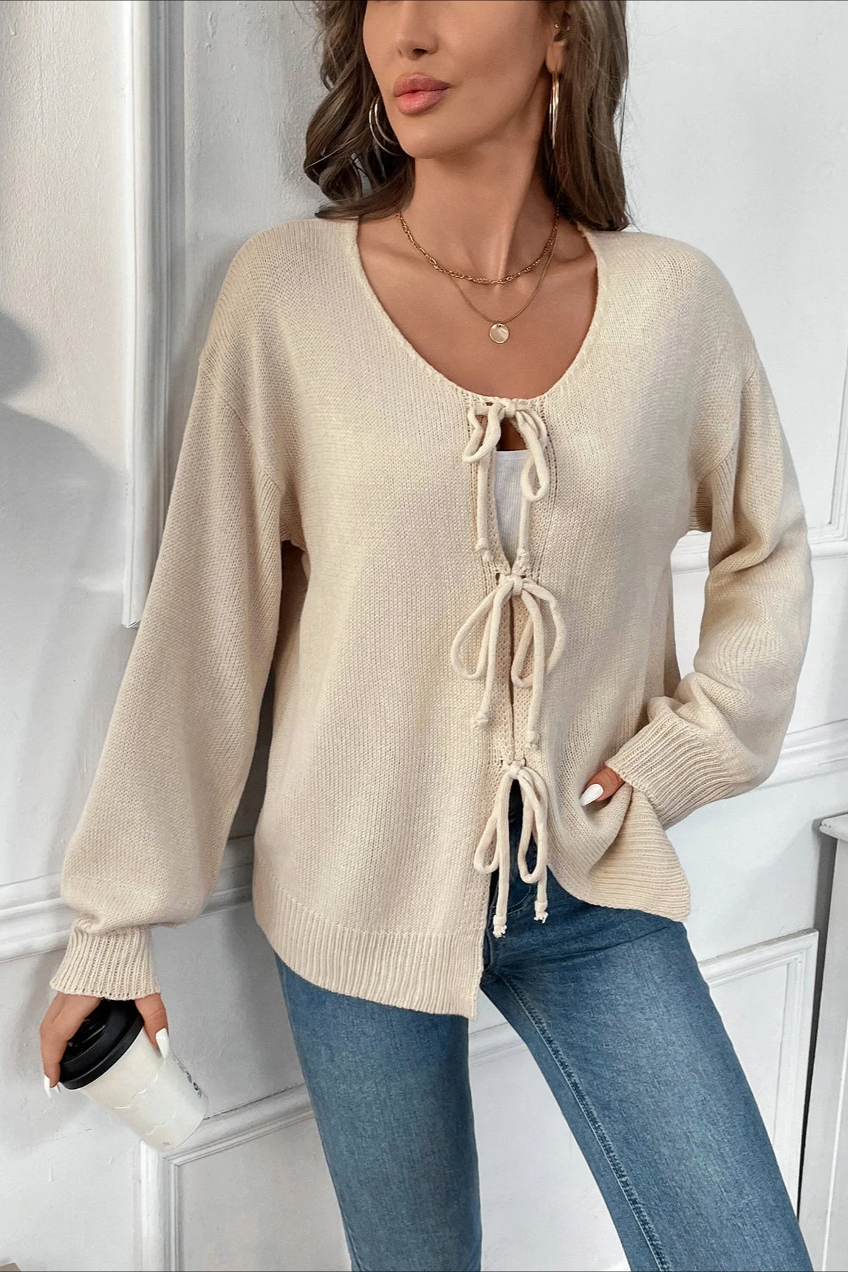 Tie-Front Round Neck Solid Color Knit Cardigan - Image 2