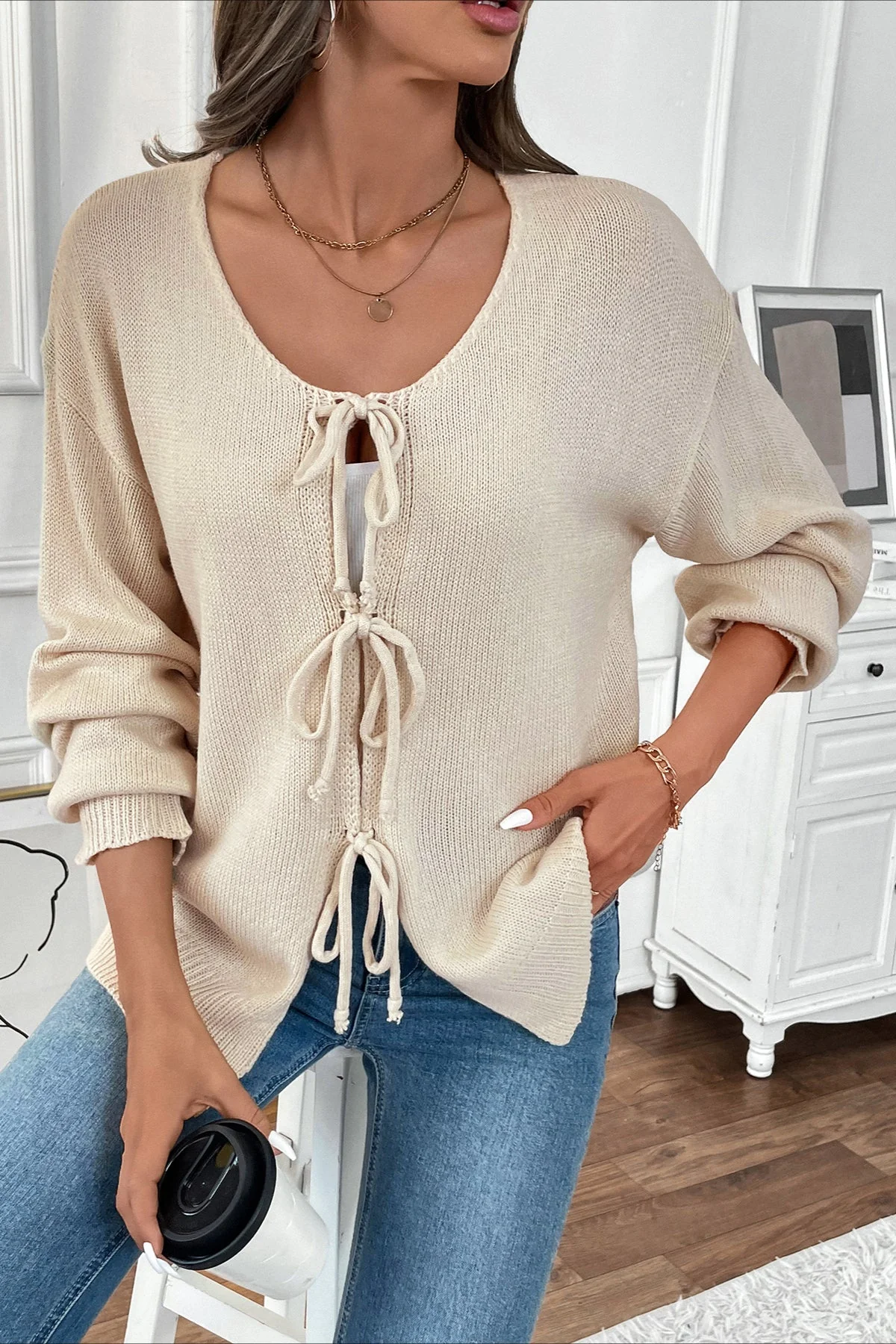 Tie-Front Round Neck Solid Color Knit Cardigan - Image 3