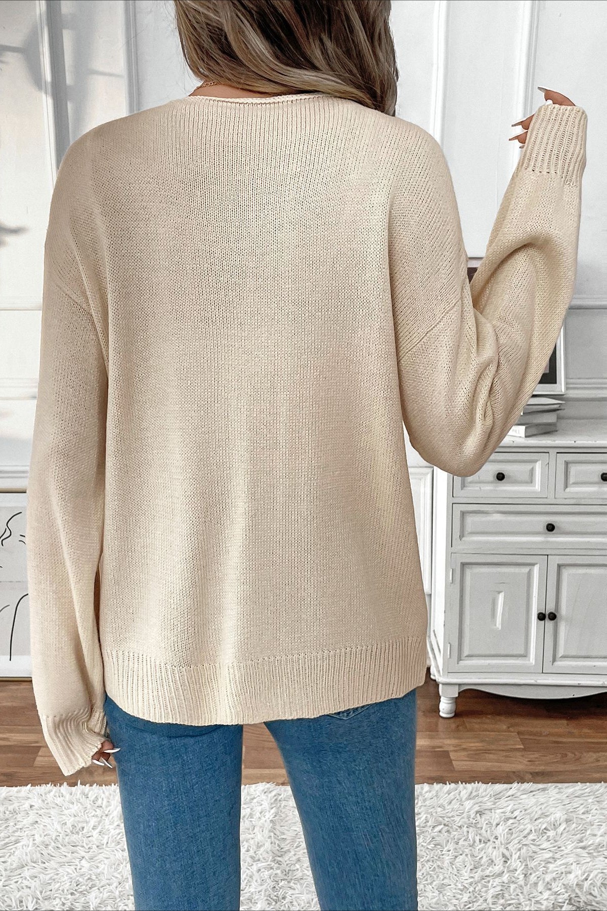 Tie-Front Round Neck Solid Color Knit Cardigan - Image 5