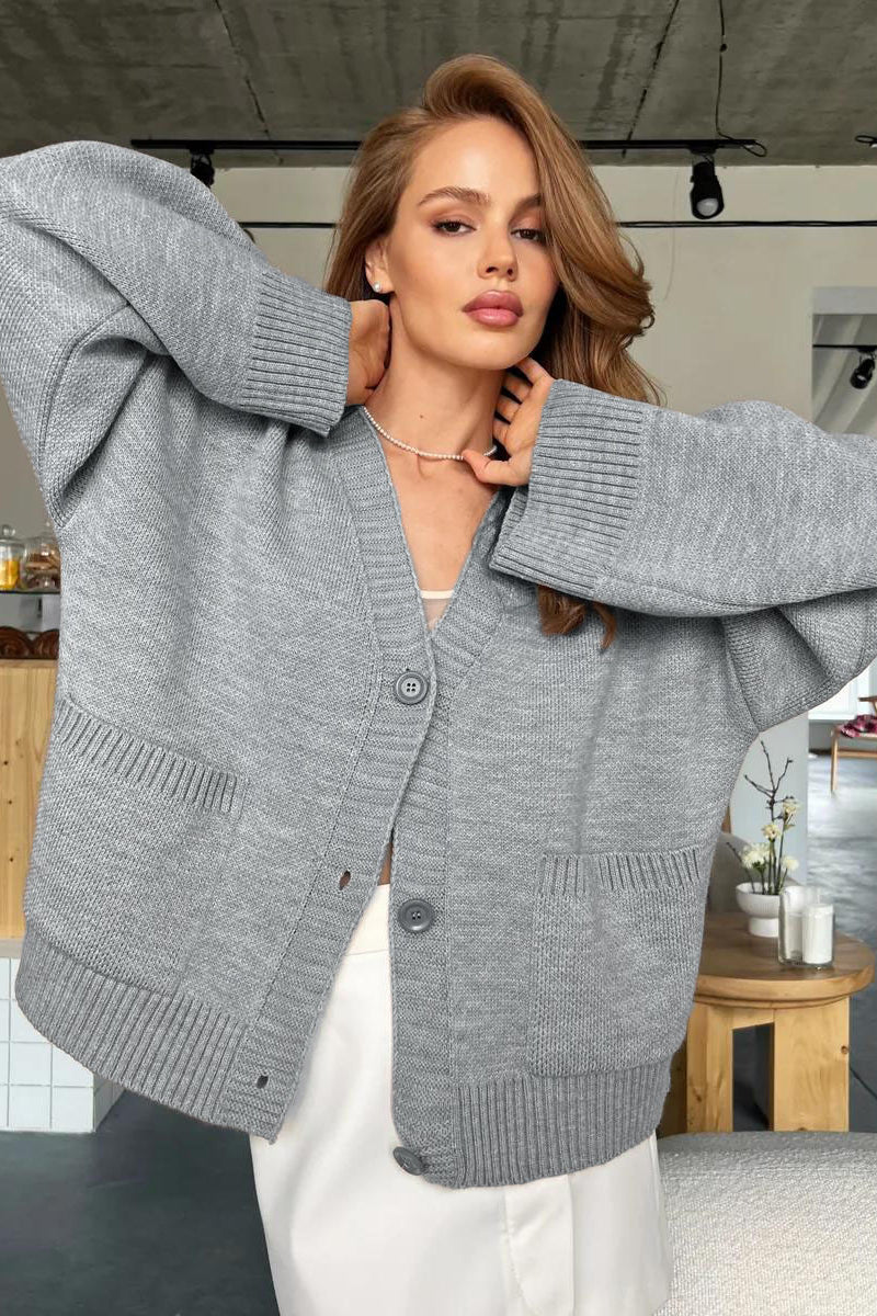 V-Neck Pocket Loose Fit Knit Cardigan - Image 2