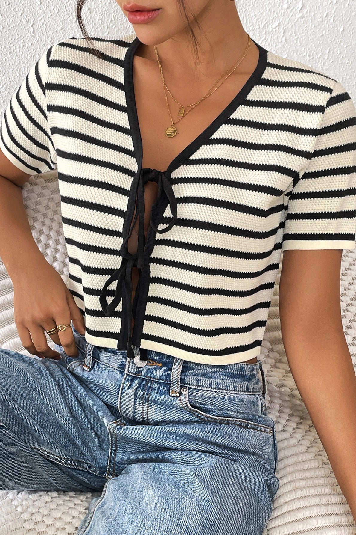 Striped Tie-Front Knit Short Sleeves Cardigan - Image 3
