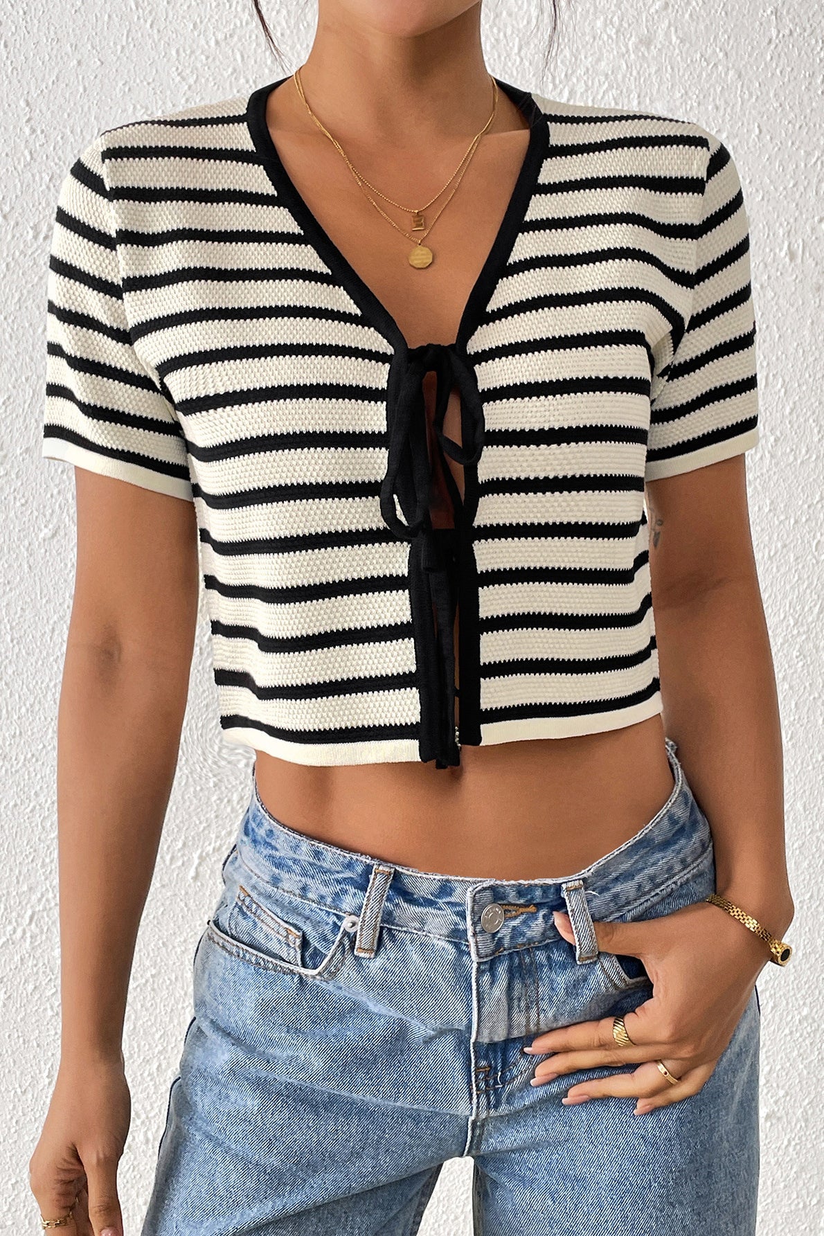 Striped Tie-Front Knit Short Sleeves Cardigan - Image 5