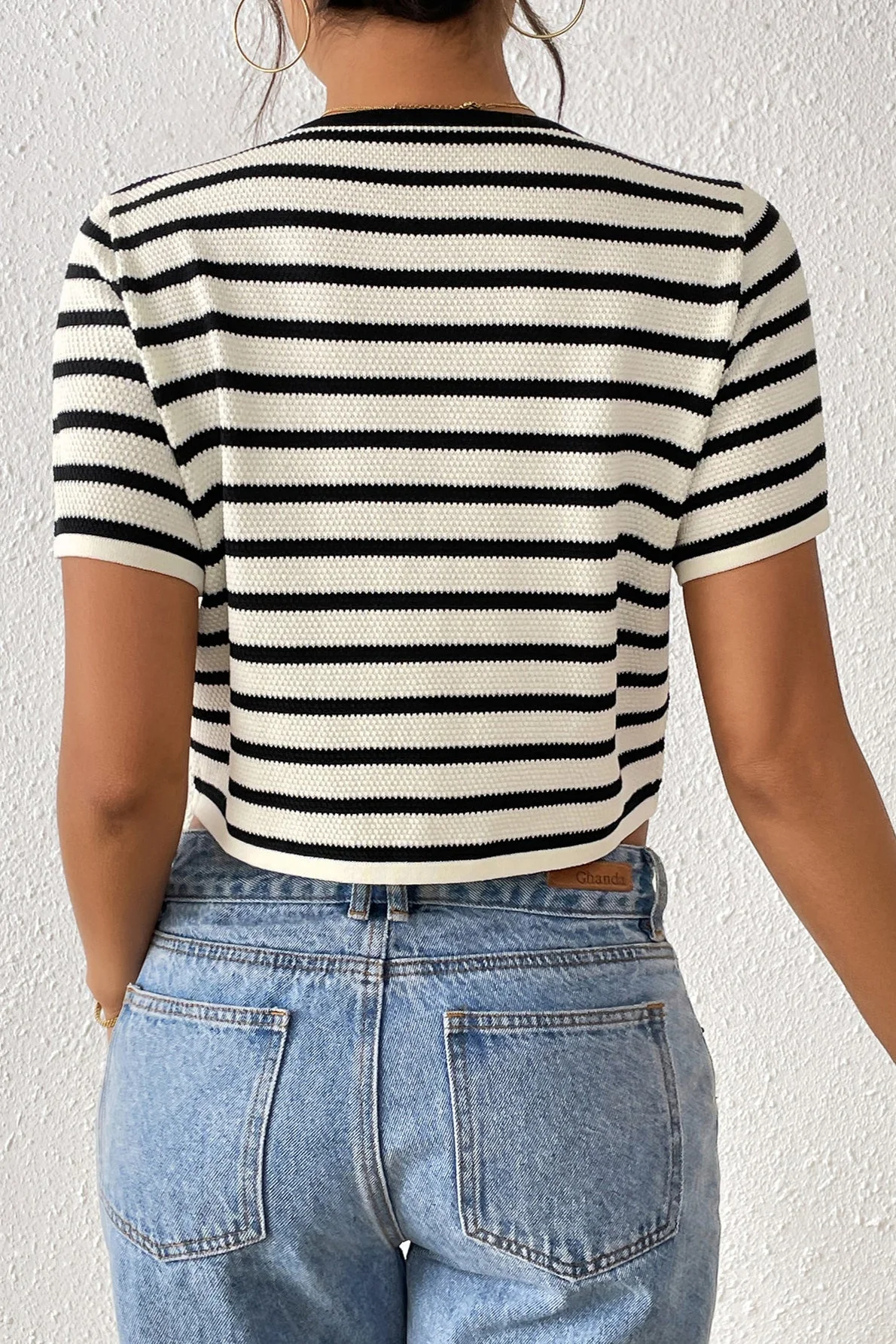 Striped Tie-Front Knit Short Sleeves Cardigan - Image 6