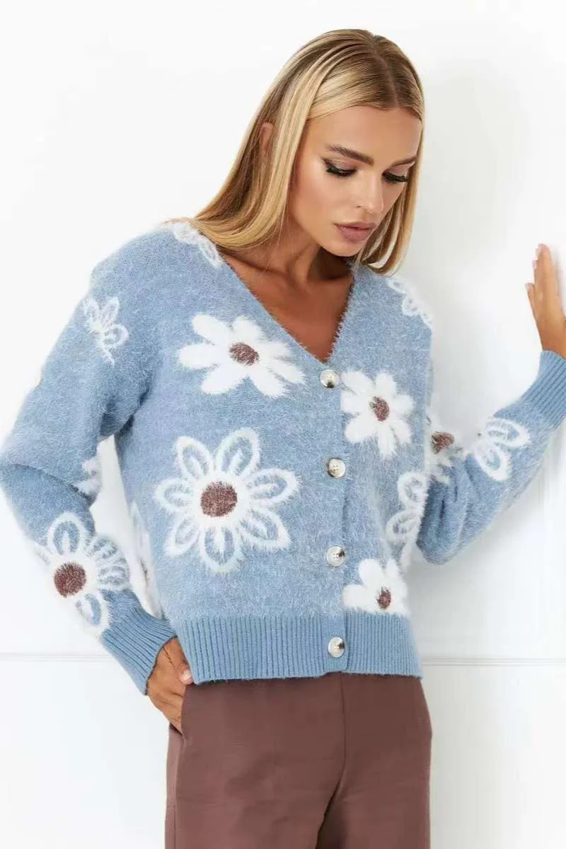 Floral V-Neck Knit Long Sleeves Cardigan - Image 2
