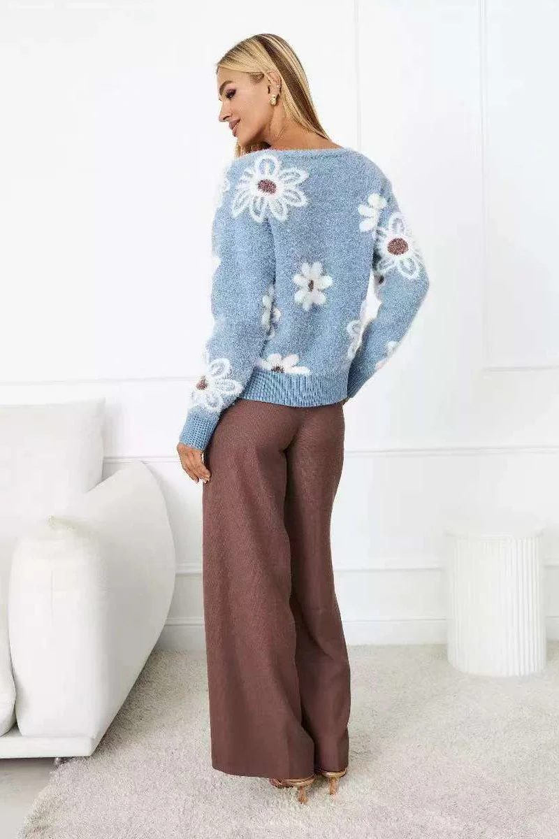 Floral V-Neck Knit Long Sleeves Cardigan - Image 5