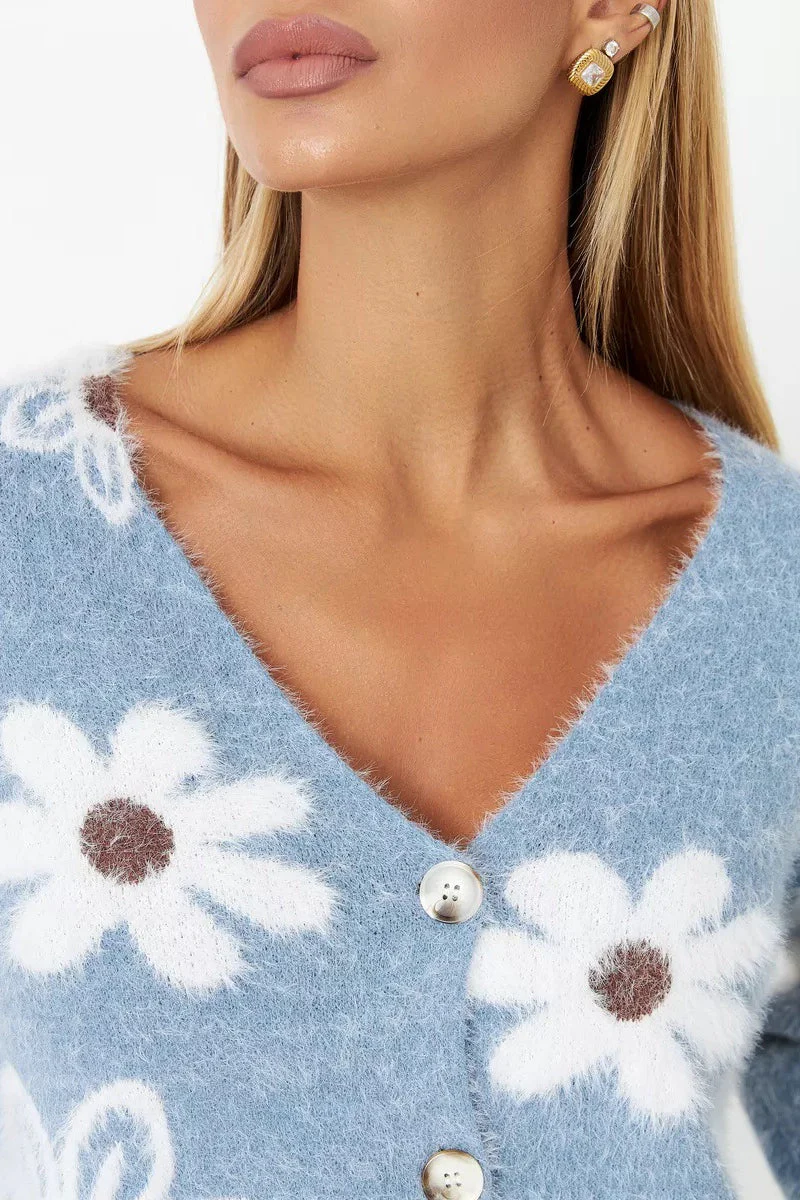 Floral V-Neck Knit Long Sleeves Cardigan - Image 6