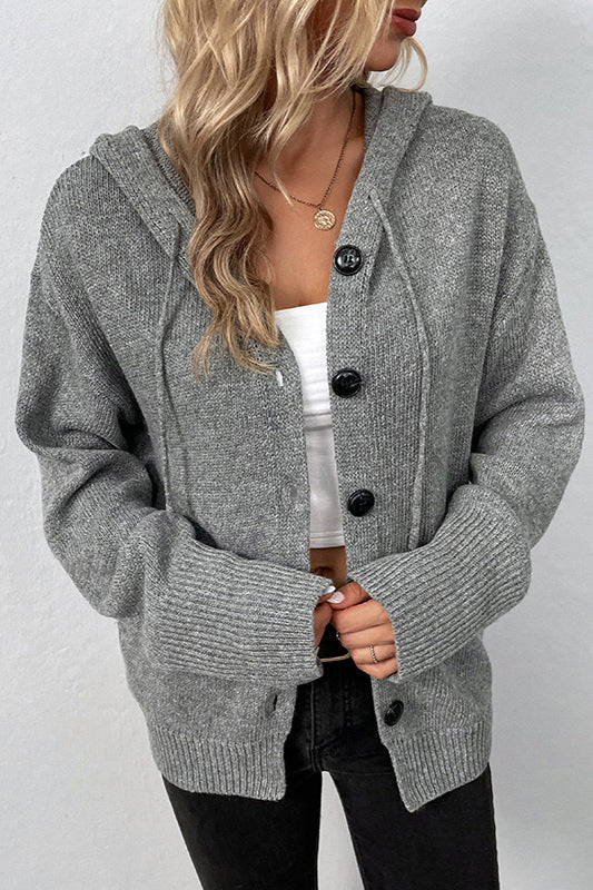 Solid Color Hooded Button Drawstring Knit Cardigan - Image 2