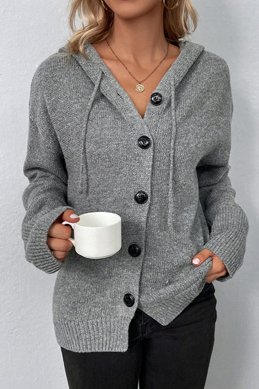 Solid Color Hooded Button Drawstring Knit Cardigan - Image 3