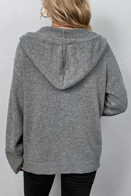 Solid Color Hooded Button Drawstring Knit Cardigan - Image 4