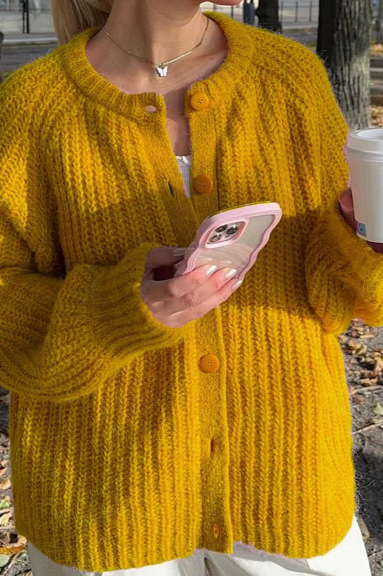Solid Knit Round Neck Long Sleeve Cardigan - Image 3