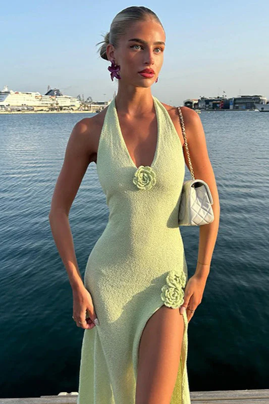 Deep V Backless High Slit Knit Boho Dress - Image 3