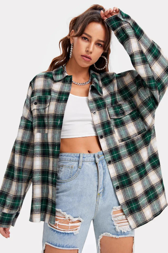 Plaid Stand Collar Button Shirt Blouse