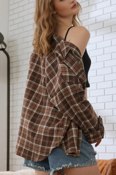 Plaid Stand Collar Button Shirt Blouse - Image 10