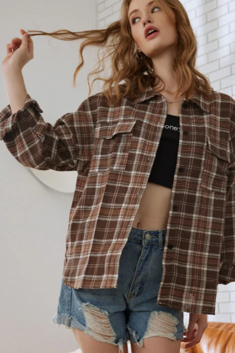 Plaid Stand Collar Button Shirt Blouse - Image 11