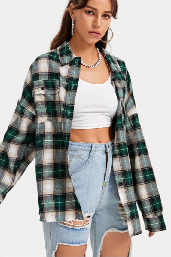 Plaid Stand Collar Button Shirt Blouse - Image 12
