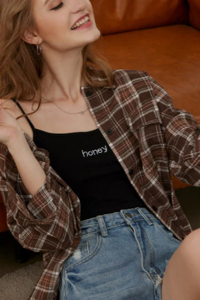 Plaid Stand Collar Button Shirt Blouse - Image 13