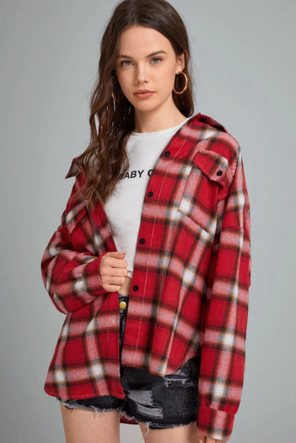 Plaid Stand Collar Button Shirt Blouse - Image 14