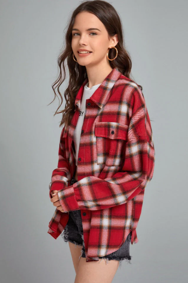 Plaid Stand Collar Button Shirt Blouse - Image 15