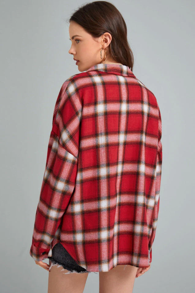 Plaid Stand Collar Button Shirt Blouse - Image 16