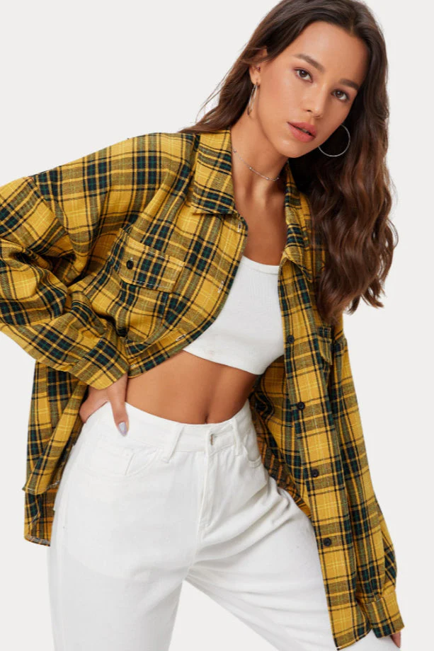 Plaid Stand Collar Button Shirt Blouse - Image 18