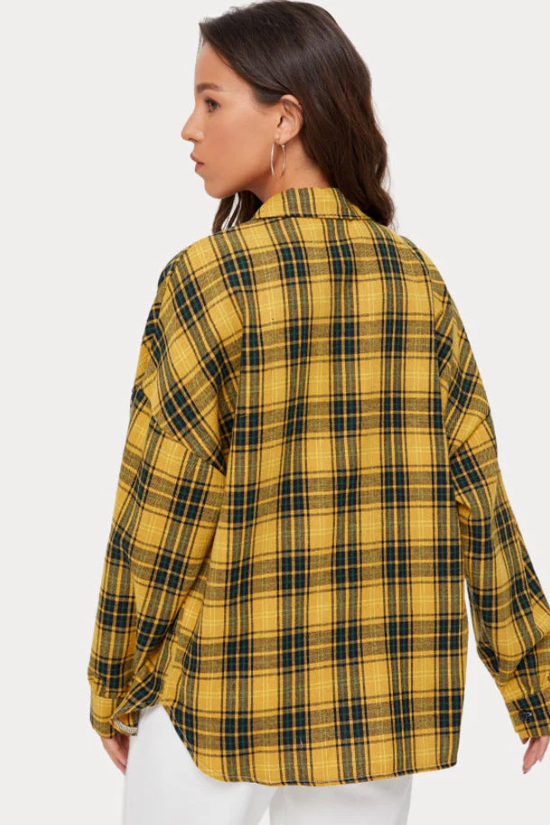 Plaid Stand Collar Button Shirt Blouse - Image 19