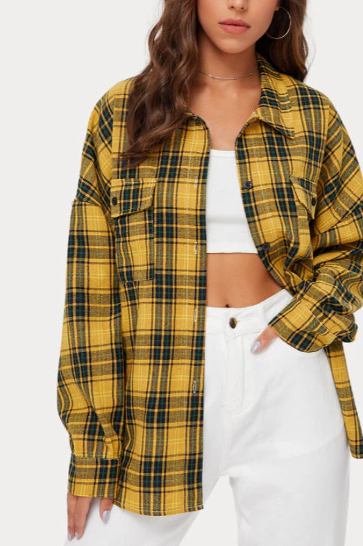 Plaid Stand Collar Button Shirt Blouse - Image 20