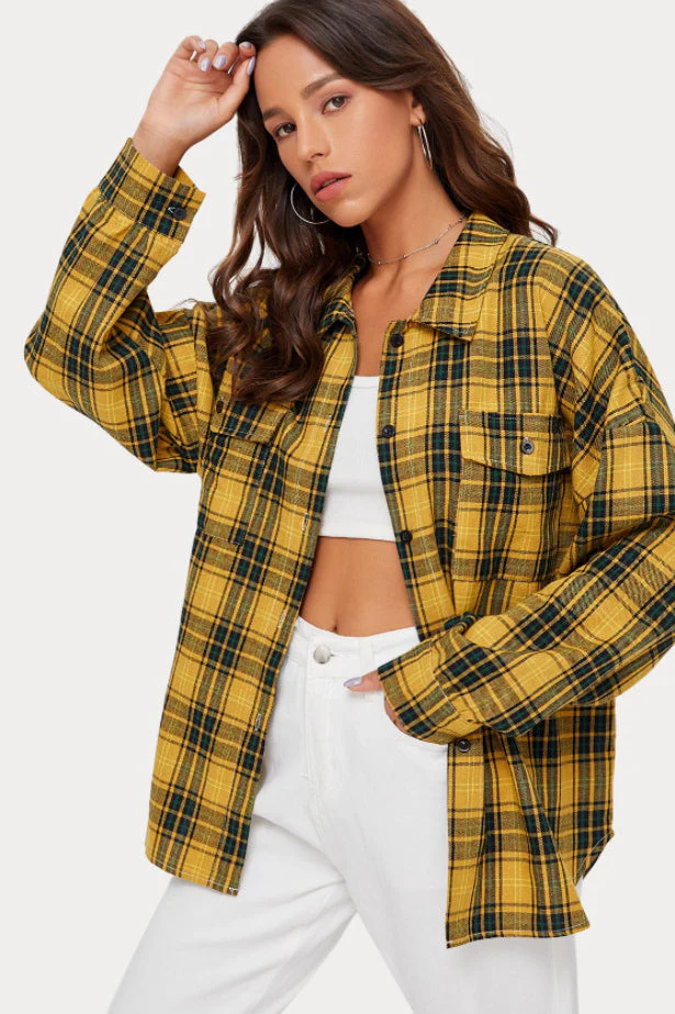 Plaid Stand Collar Button Shirt Blouse - Image 21