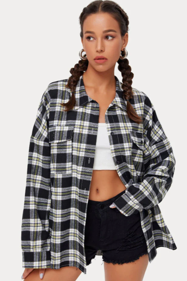 Plaid Stand Collar Button Shirt Blouse - Image 22