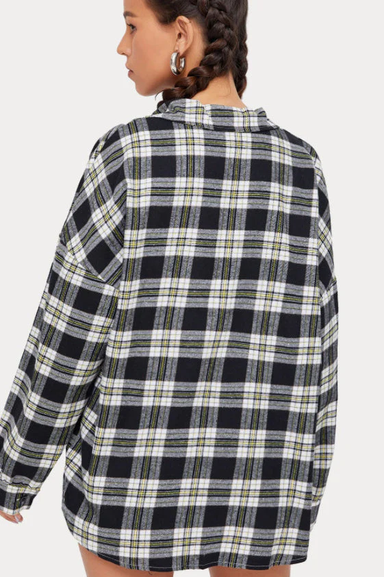 Plaid Stand Collar Button Shirt Blouse - Image 24