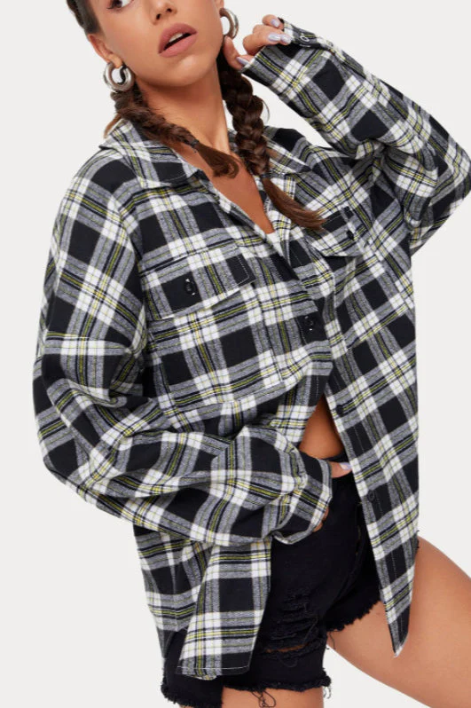 Plaid Stand Collar Button Shirt Blouse - Image 26