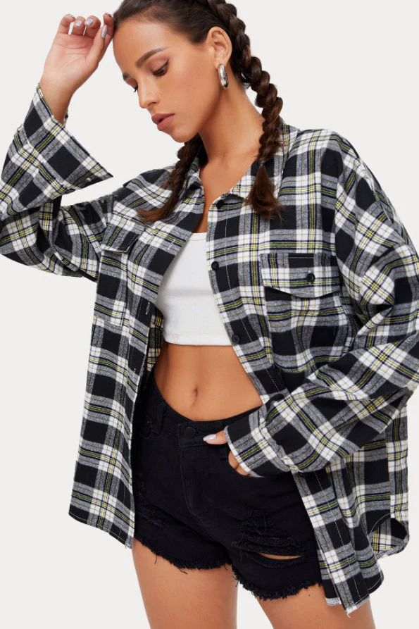 Plaid Stand Collar Button Shirt Blouse - Image 27