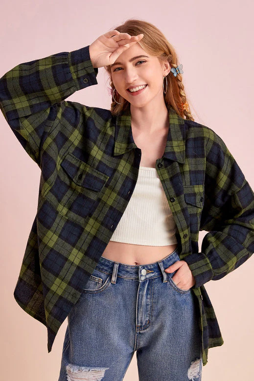 Plaid Stand Collar Button Shirt Blouse - Image 28