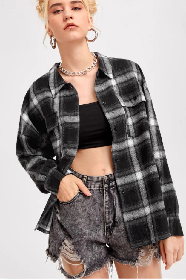 Plaid Stand Collar Button Shirt Blouse - Image 29