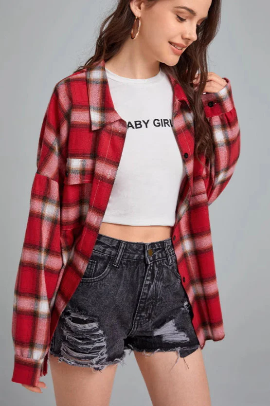 Plaid Stand Collar Button Shirt Blouse - Image 3