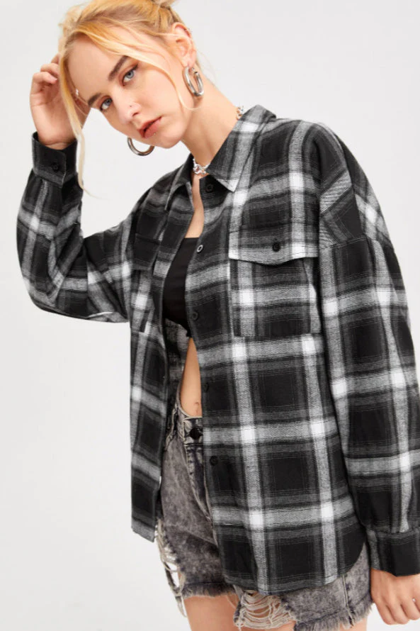 Plaid Stand Collar Button Shirt Blouse - Image 30