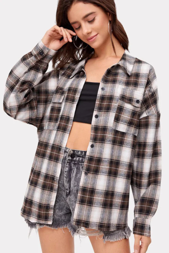 Plaid Stand Collar Button Shirt Blouse - Image 31