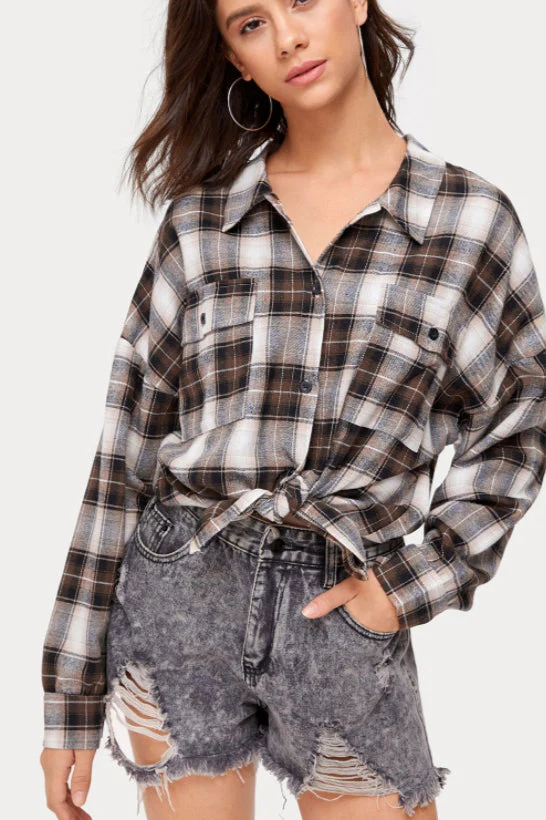Plaid Stand Collar Button Shirt Blouse - Image 32