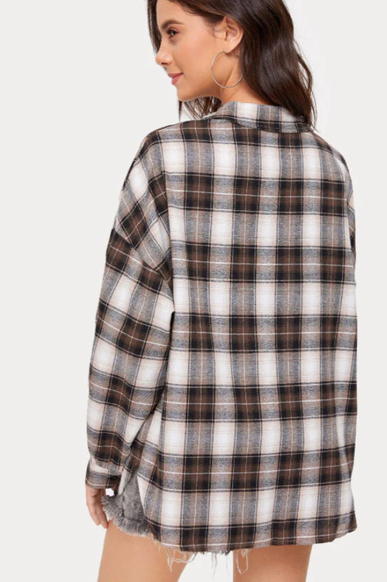 Plaid Stand Collar Button Shirt Blouse - Image 33