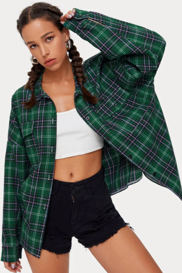 Plaid Stand Collar Button Shirt Blouse - Image 4