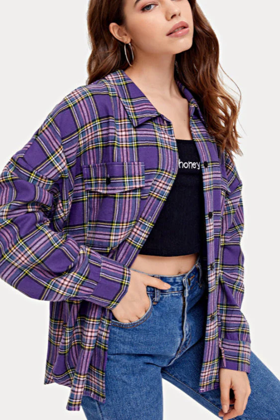 Plaid Stand Collar Button Shirt Blouse - Image 5