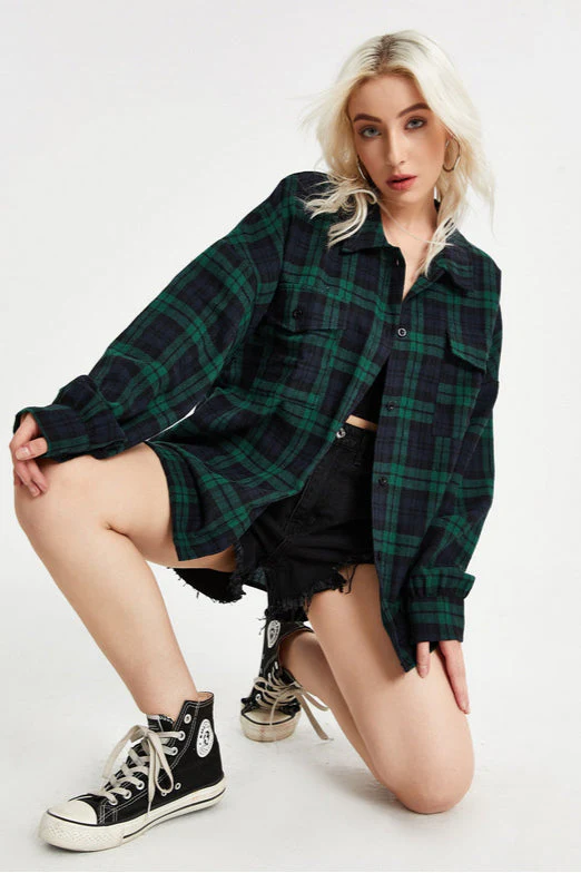 Plaid Stand Collar Button Shirt Blouse - Image 7