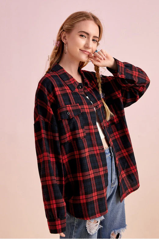 Plaid Stand Collar Button Shirt Blouse - Image 8