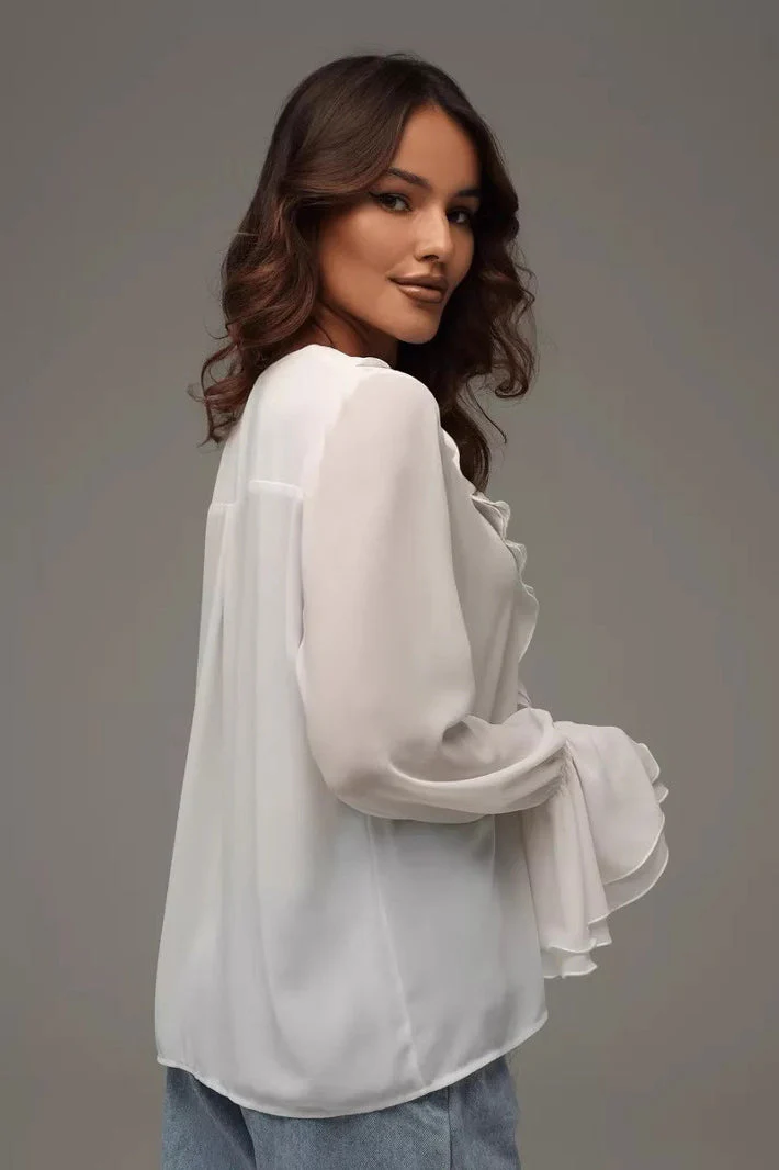Solid V-Neck Ruffled Flare Sleeve Blouse - Image 4