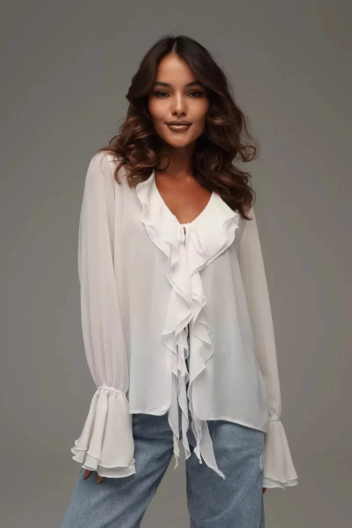 Solid V-Neck Ruffled Flare Sleeve Blouse - Image 5